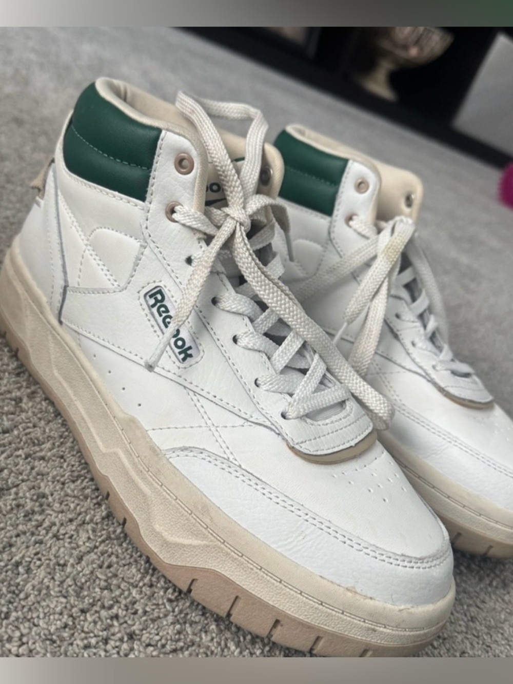 Reebok White High-Top Sneakers with Green Collar and Cream Sole
